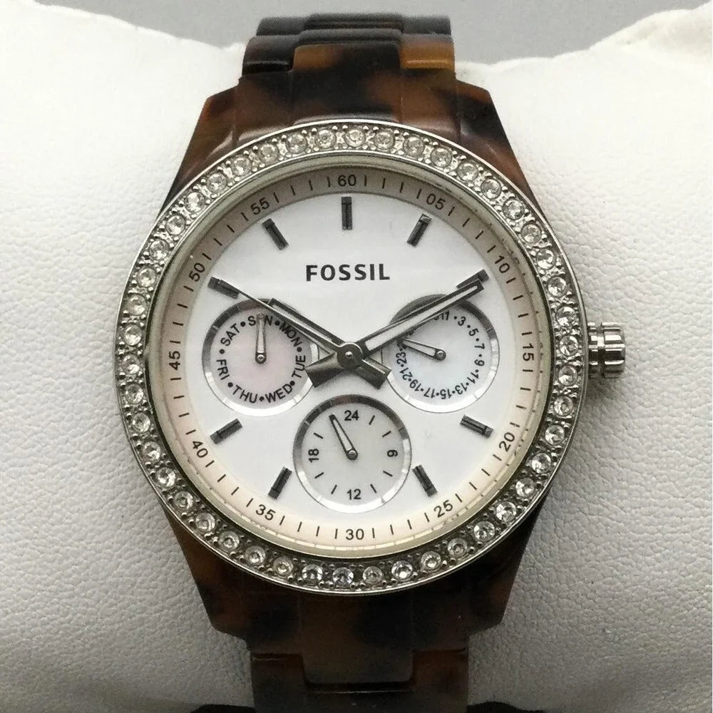 Fossil Stella ES2456 Womens Watch 37mm Faux Tortoise Crystals New Battery 6.75